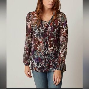 Lucky Brand top 3x Floral L/S Semi Sheer Tie‎ Neck Purple Romantic Stretch Boho